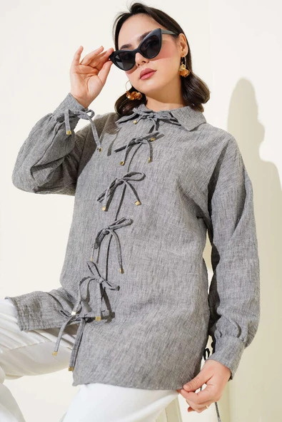 Önü İp Bağlamalı Gömlek Füme ürün görseli 1