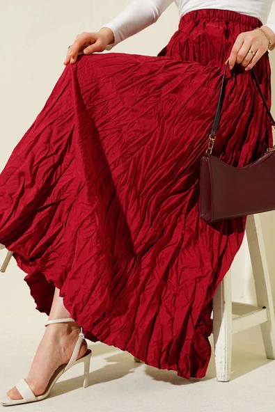 Kırışık Pileli Etek Bordo