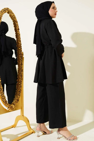 Bel İpli Taş Düğmeli Tunik İkili Takım Siyah - Resim 3