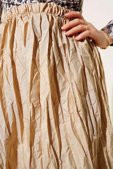 Kırışık Pileli Etek Bej - Resim 4