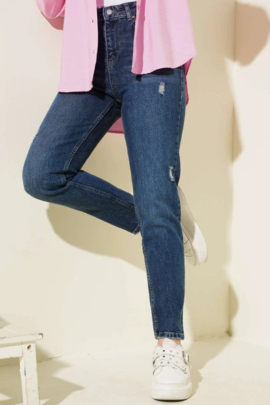 Yıpratmalı Dar Paça Kot Pantolon Lacivert - Resim 2