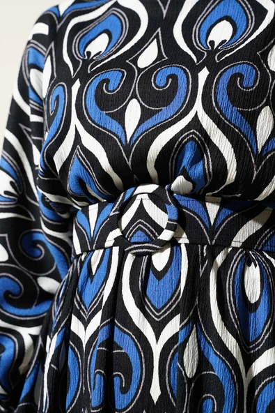 Karışık Motifli Kemerli Elbise İndigo - Resim 4