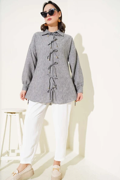 Önü İp Bağlamalı Gömlek Füme - Resim 2