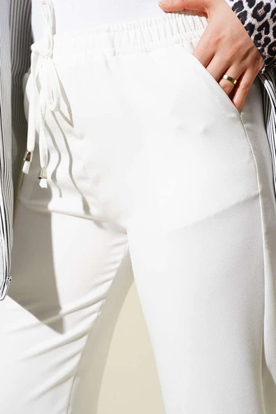 Beli Lastikli Dar Paça Pantolon Ekru - Resim 4