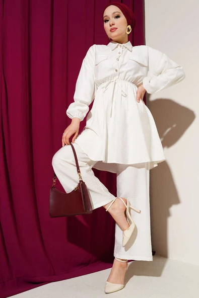 Beli Lastikli Taş Düğmeli İkili Takım Ekru ürün görseli 1