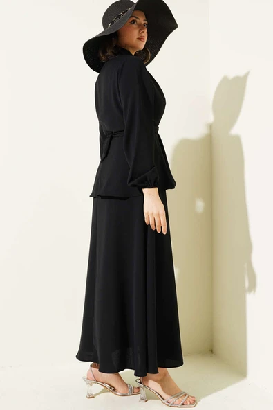 Önü Bağlamalı Gömlek Yaka Etekli İkili Takım Siyah - Resim 3