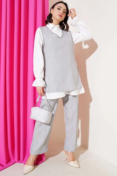 Taş Süslemeli Yan Bağlamalı Üçlü Takım Gri ürün görseli 1