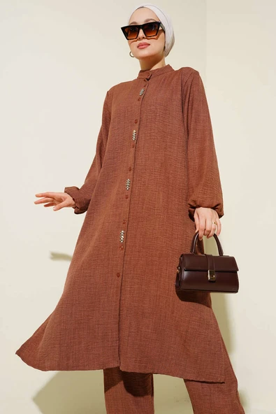 Taş Süslemeli Uzun Tunikli İkili Takım Kahve - Resim 2