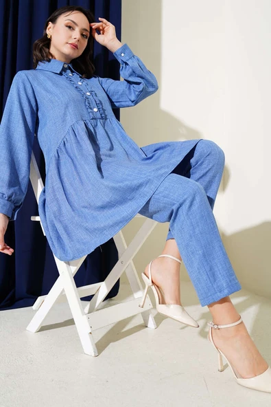 Önü Düğmeli Fırfırlı İkili Takım İndigo ürün görseli 1