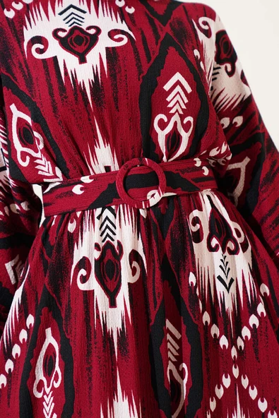 Bel Lastikli Desenli Mevlana Elbise Bordo - Resim 4