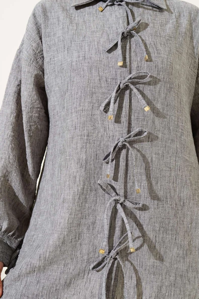 Önü İp Bağlamalı Gömlek Füme - Resim 4