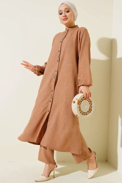 Taş Süslemeli Uzun Tunikli İkili Takım Latte - Resim 2