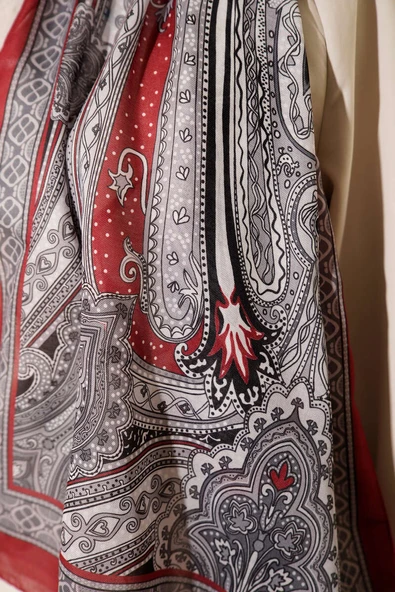 Dark Etnik Desen Şal Nar Çiçeği - Resim 4