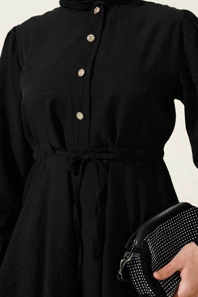 Bel İpli Taş Düğmeli Tunik İkili Takım Siyah - Resim 4
