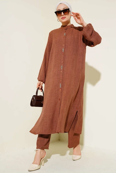 Taş Süslemeli Uzun Tunikli İkili Takım Kahve ürün görseli 1