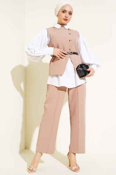 Çapraz Düğmeli Kemerli Yelekli İkili Takım Latte ürün görseli 1