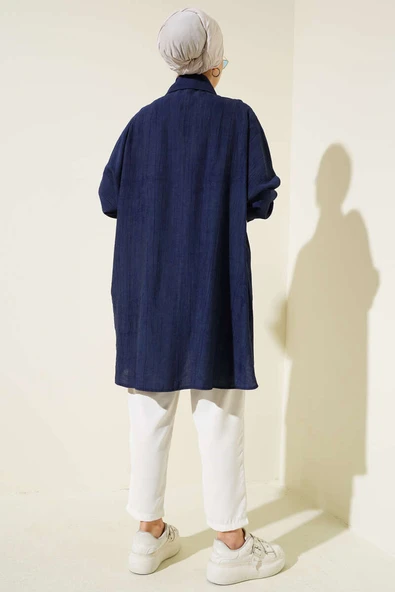 Taş Düğmeli Kalpli Salaş Gömlek Lacivert - Resim 3