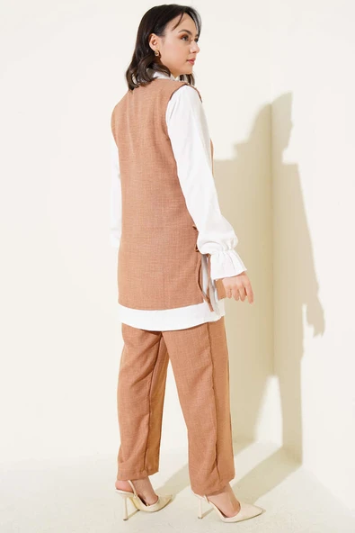 Taş Süslemeli Yan Bağlamalı Üçlü Takım Latte - Resim 3