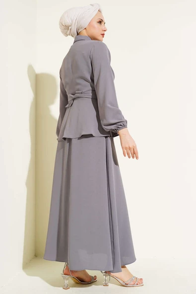 Önü Bağlamalı Gömlek Yaka Etekli İkili Takım Kayrak Grisi - Resim 3