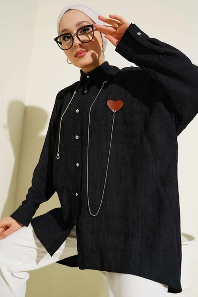 Taş Düğmeli Kalpli Salaş Gömlek Siyah ürün görseli 1