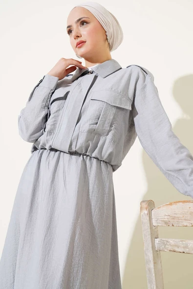 Çift Cepli Fermuarlı Etekli İkili Takım Gri - Resim 2