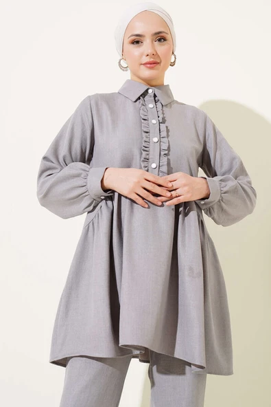 Önü Düğmeli Fırfırlı İkili Takım Gri - Resim 2