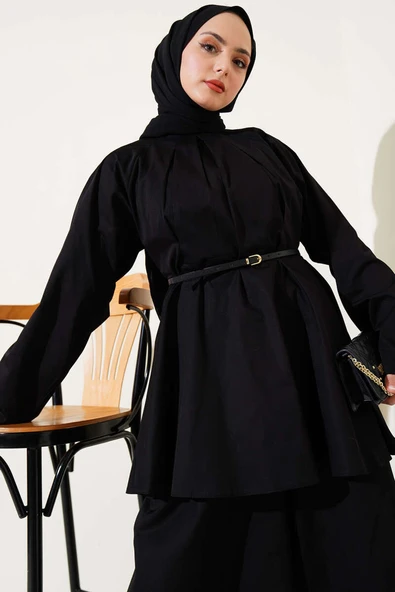 Yakası Pensli Kemerli Poplin İkili Takım Siyah - Resim 2