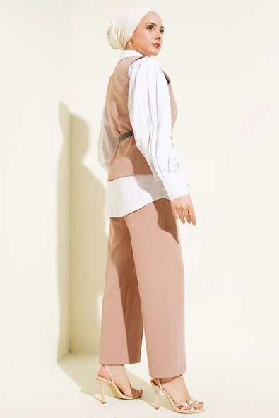 Çapraz Düğmeli Kemerli Yelekli İkili Takım Latte - Resim 3