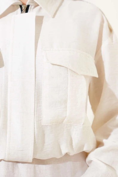 Çift Cepli Fermuarlı Etekli İkili Takım Ekru - Resim 4