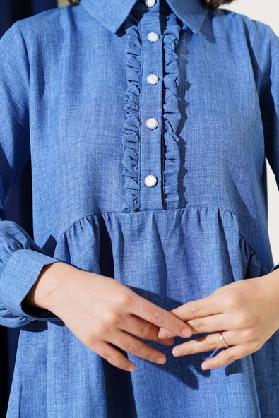 Önü Düğmeli Fırfırlı İkili Takım İndigo - Resim 4