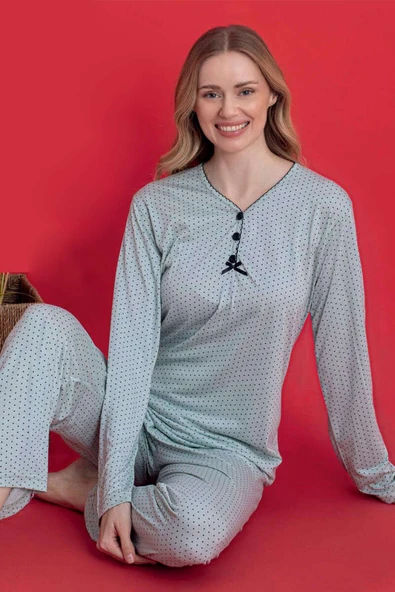 Düğmeli Mini Puantiyeli Viskon Pijama Takımı Mint