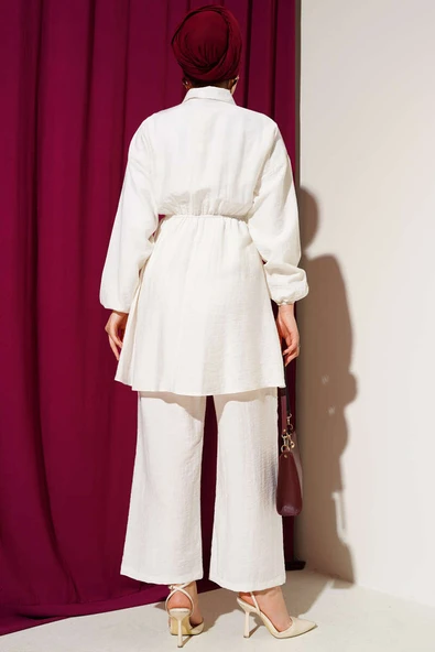 Beli Lastikli Taş Düğmeli İkili Takım Ekru - Resim 3