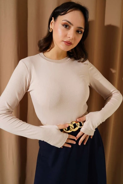 Bisiklet Yaka Basic Body Bej