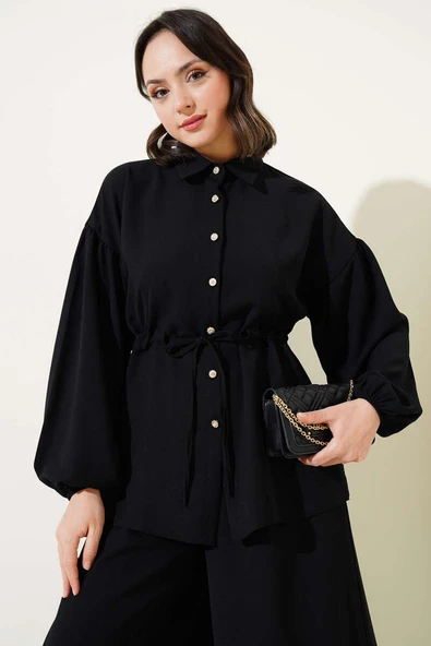 Bel İpli Balon Kol İkili Takım Siyah - Resim 2