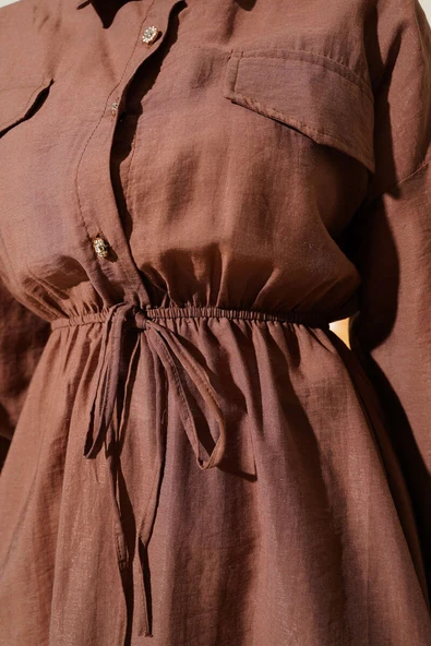 Beli Lastikli Taş Düğmeli İkili Takım Kahve - Resim 4