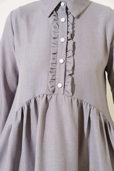 Önü Düğmeli Fırfırlı İkili Takım Gri - Resim 4