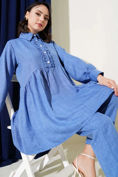 Önü Düğmeli Fırfırlı İkili Takım İndigo - Resim 2