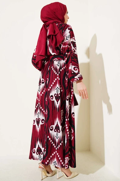 Bel Lastikli Desenli Mevlana Elbise Bordo - Resim 3