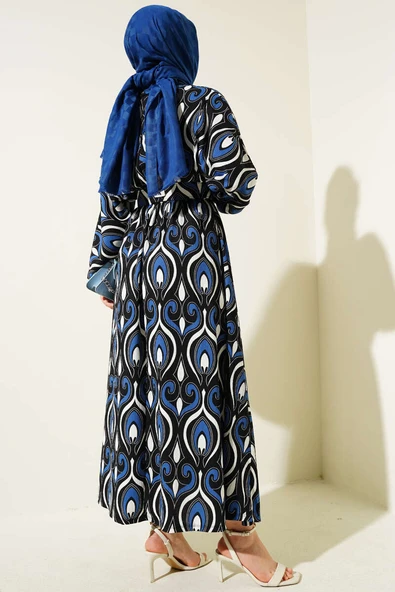 Karışık Motifli Kemerli Elbise İndigo - Resim 3
