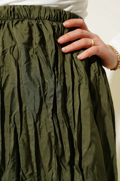 Kırışık Pileli Etek Haki - 4