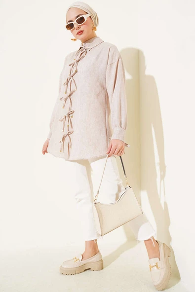 Önü İp Bağlamalı Gömlek Bej - Resim 2