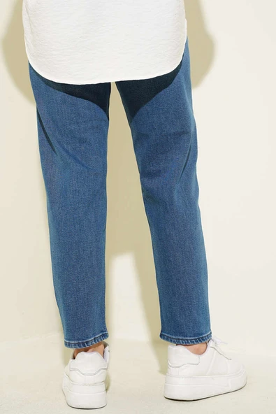 Dar Paça Düğmeli Mom Jean Pantolon Kot Mavisi - 3
