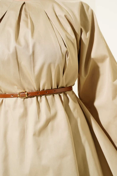 Yakası Pensli Kemerli Poplin İkili Takım Vizon - Resim 4