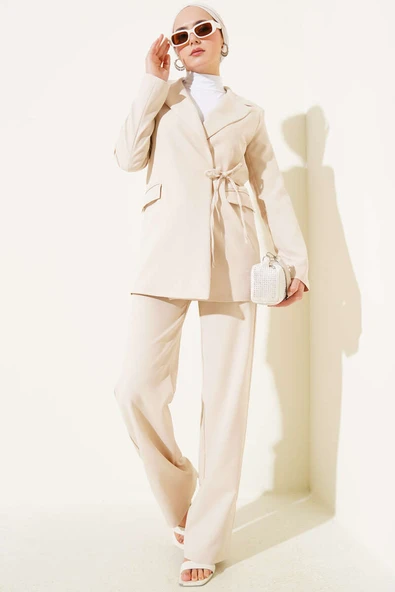 Yandan İp Bağlamalı Ceket İkili Takım Bej ürün görseli 1