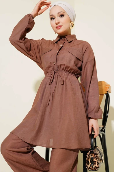 Beli Lastikli Taş Düğmeli İkili Takım Kahve - Resim 2