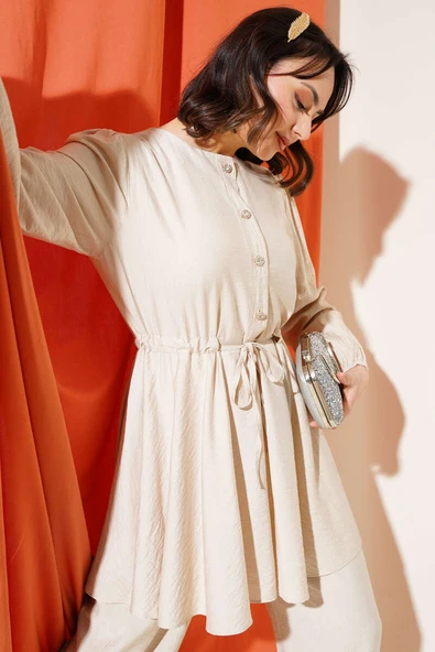 Bel İpli Taş Düğmeli Tunik İkili Takım Bej ürün görseli 1