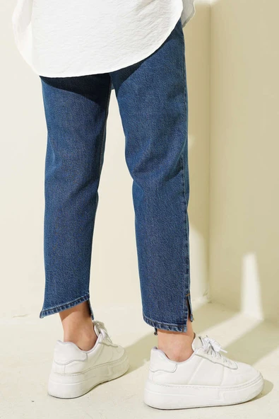 Çapraz Paça Mom Jeans Pantolon Koyu Mavi - 3