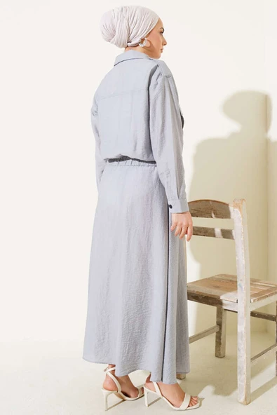 Çift Cepli Fermuarlı Etekli İkili Takım Gri - Resim 3