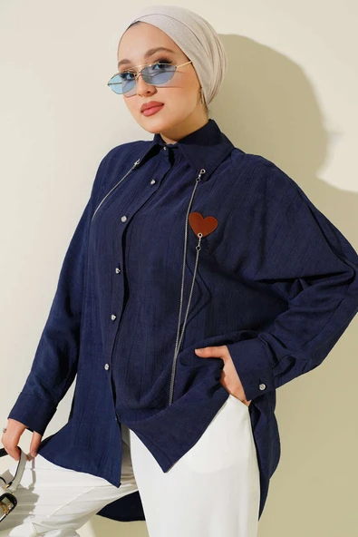 Taş Düğmeli Kalpli Salaş Gömlek Lacivert ürün görseli 1