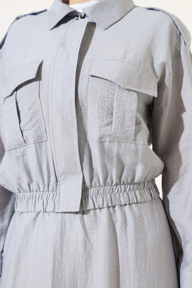 Çift Cepli Fermuarlı Etekli İkili Takım Gri - Resim 4